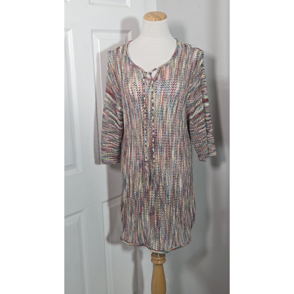 CJ Banks  Crochet Shirt Cover up Colorful Knit 1X  Beach Pool Tie V  Stretchy